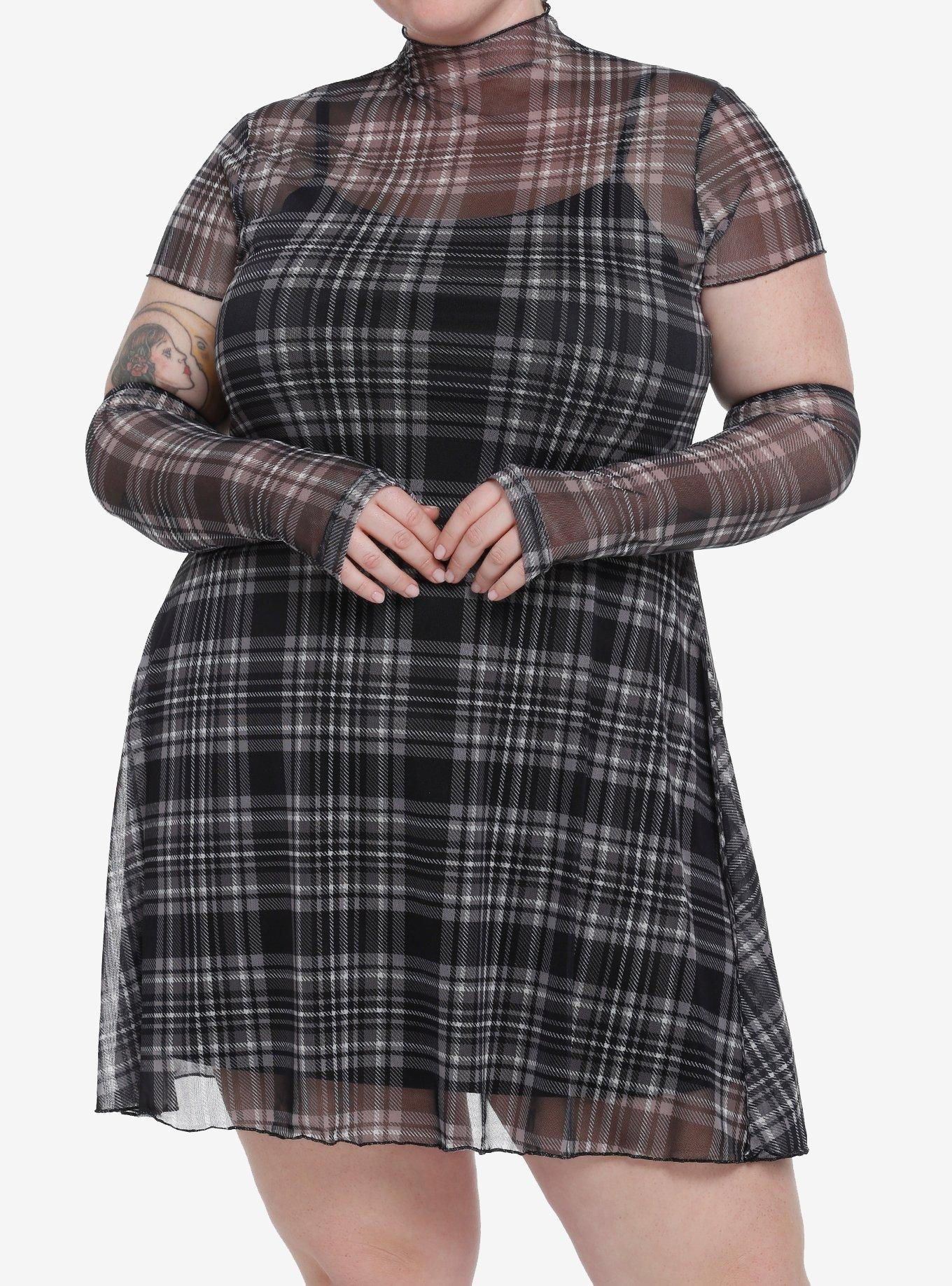 Social Collision Black & Gray Mesh Dress With Arm Warmers Plus Size, , hi-res