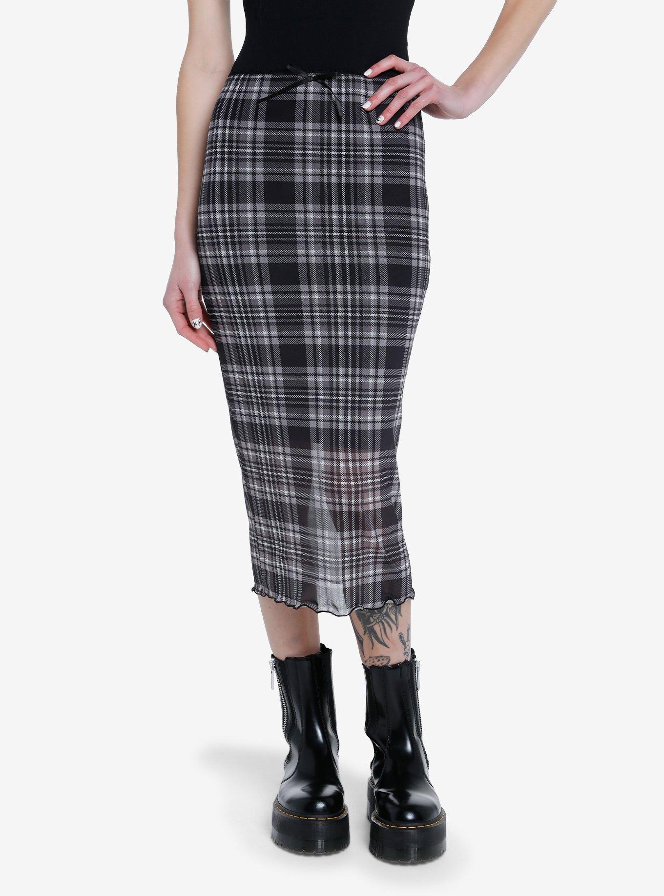 Social Collision Black Plaid Mesh Midi Skirt | Hot Topic