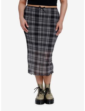 Social Collision Black Plaid Mesh Midi Skirt Plus Size, , hi-res