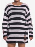 Social Collision Pink & Black Distressed Sweater Dress Plus Size, STRIPE-PINK, hi-res