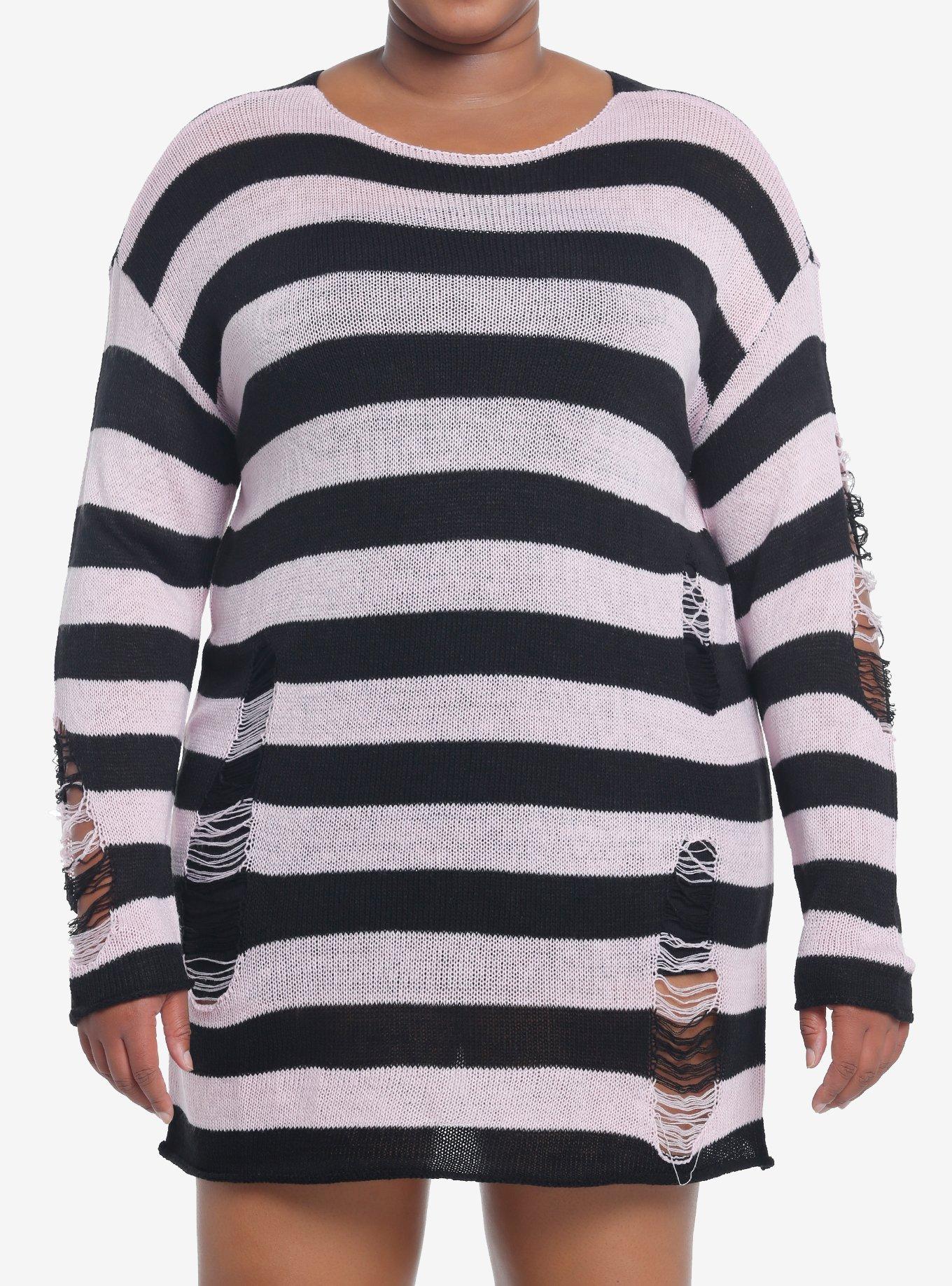 White/Black Striped Distressed Sweater – VampireFreaks