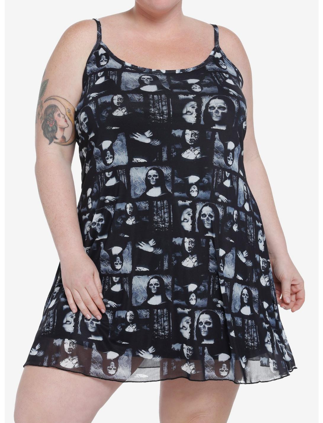 Social Collision Zombie Mona Lisa Mesh Mini Dress Plus Size, MULTI, hi-res