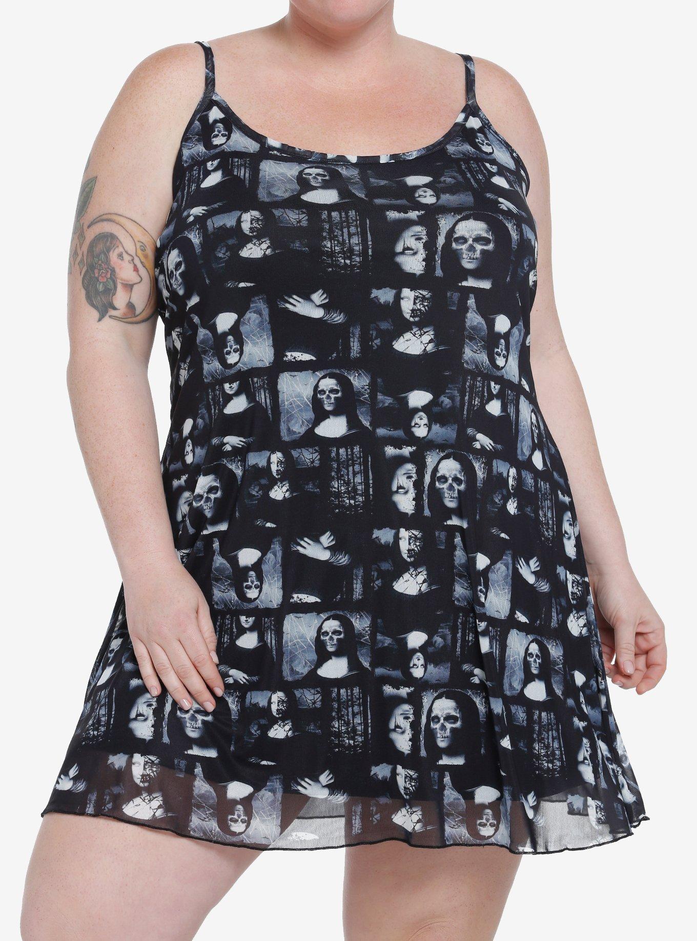 Social Collision Zombie Mona Lisa Mesh Mini Dress Plus Size, MULTI, hi-res