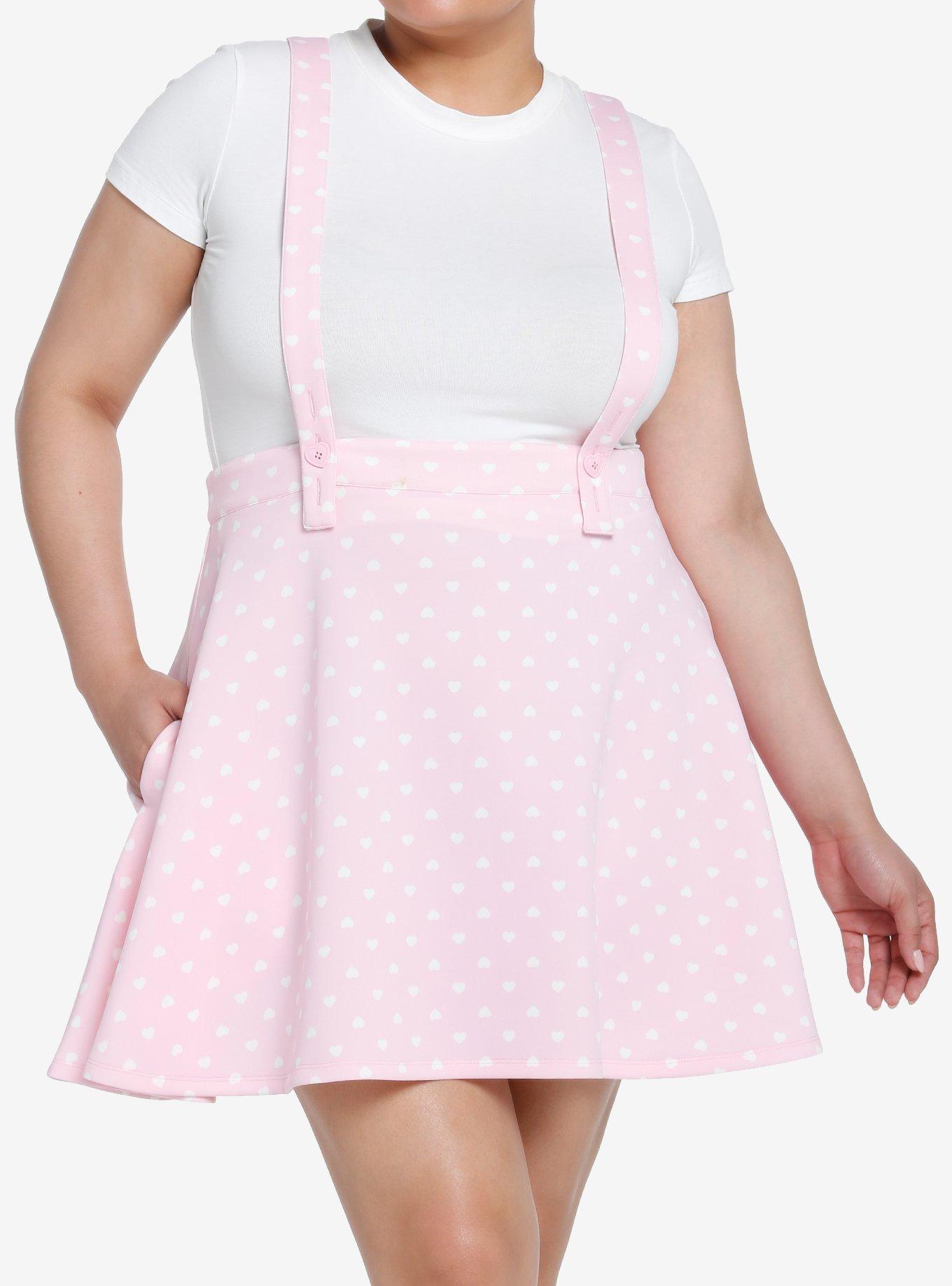 Sweet Society Pink & White Heart Bow Suspender Skirt Plus Size, PINK, hi-res