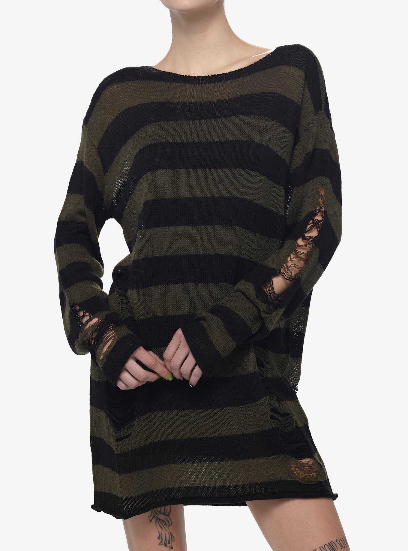 Social Collision Green & Black Distressed Sweater Dress, , hi-res