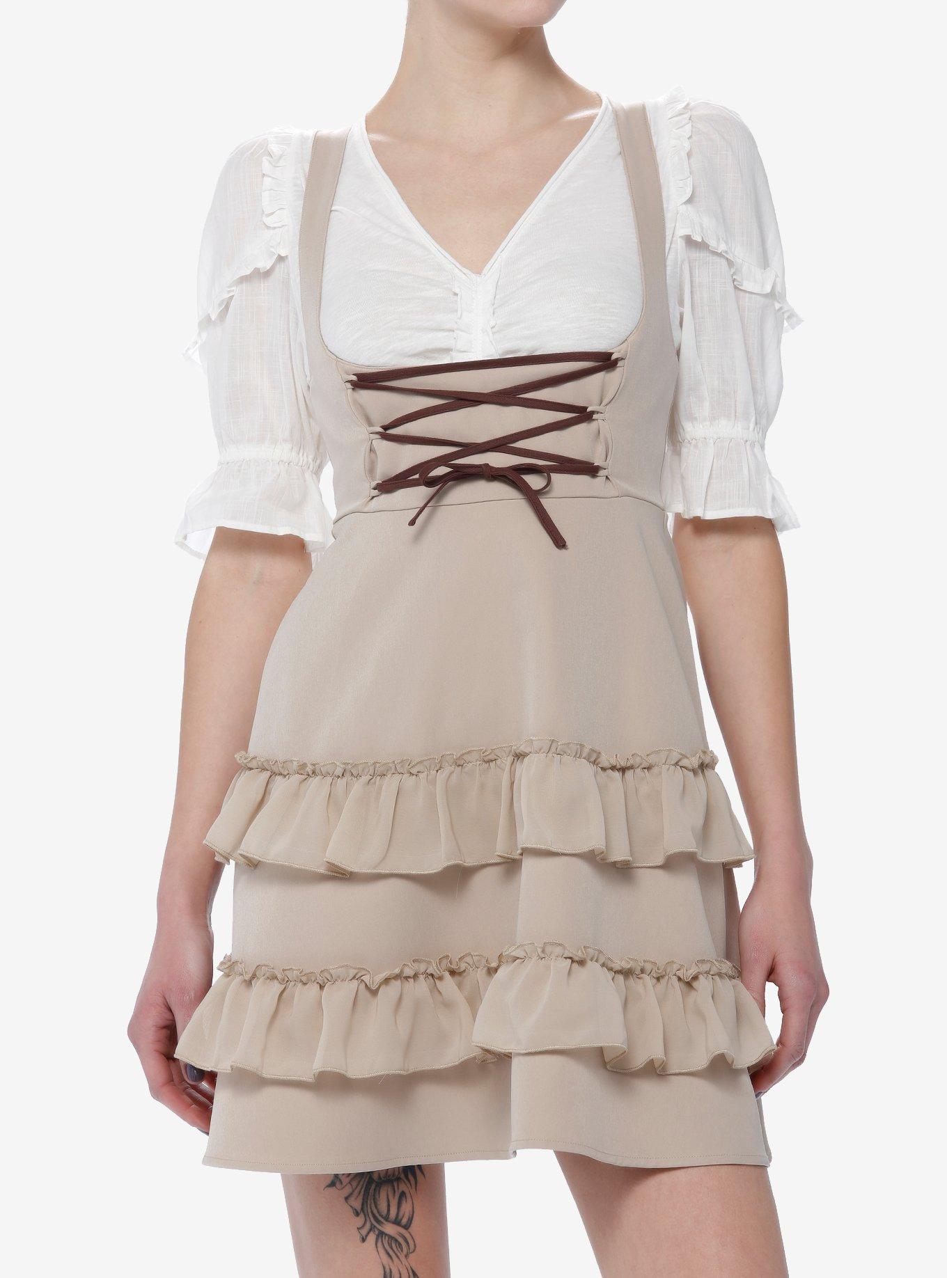 Coffee Lace-Up Tiered High-Waisted Suspender Skirt