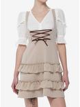 Coffee Lace-Up Tiered High-Waisted Suspender Skirt, BROWN, hi-res