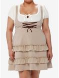 Coffee Lace-Up Tiered High-Waisted Suspender Skirt Plus Size, BROWN, hi-res
