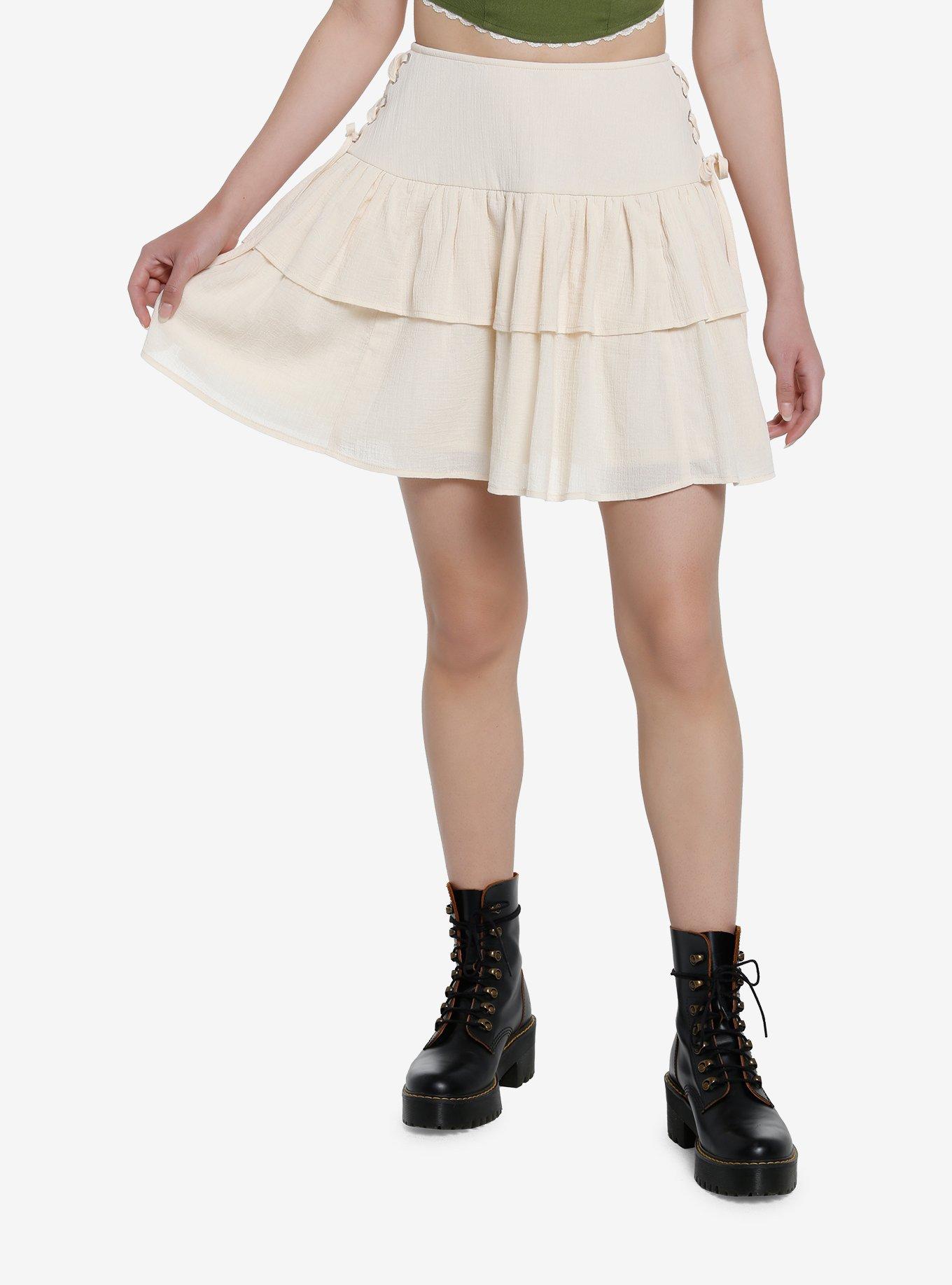 Thorn & Fable Ivory Lace-Up Tiered Skirt, IVORY, hi-res