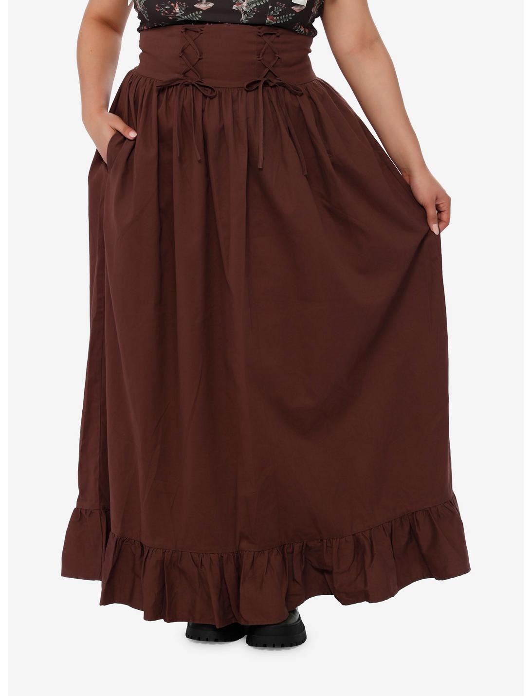 Thorn & Fable Brown Lace-Up Maxi Skirt Plus Size, BROWN, hi-res