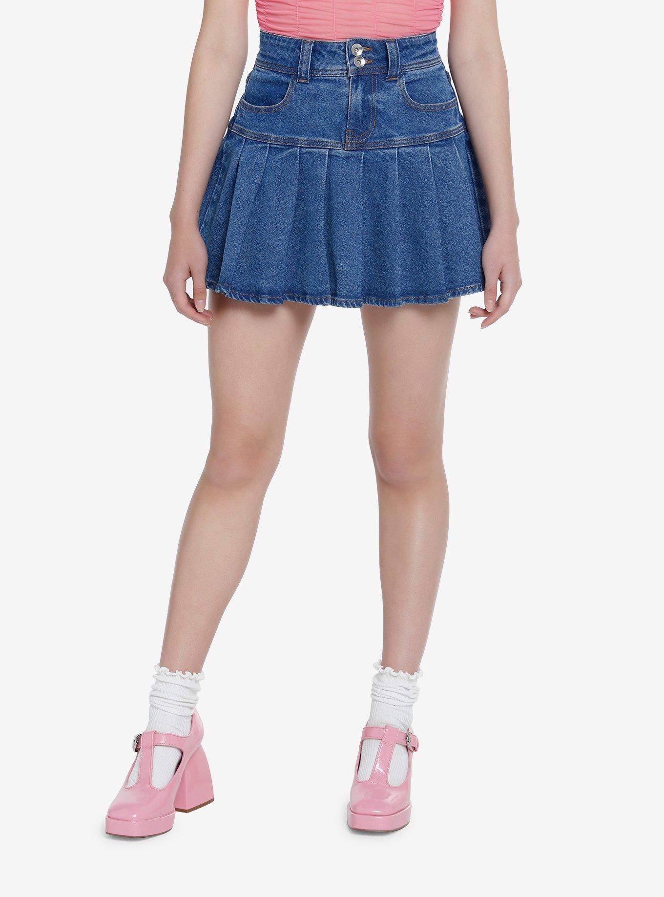 Summer Denim Mini Skirts for Women Fashion Pleated Ruffle Flare Skirt with  Pockets Sexy Mid Waist Button Short Jean Skirt : : Clothing, Shoes