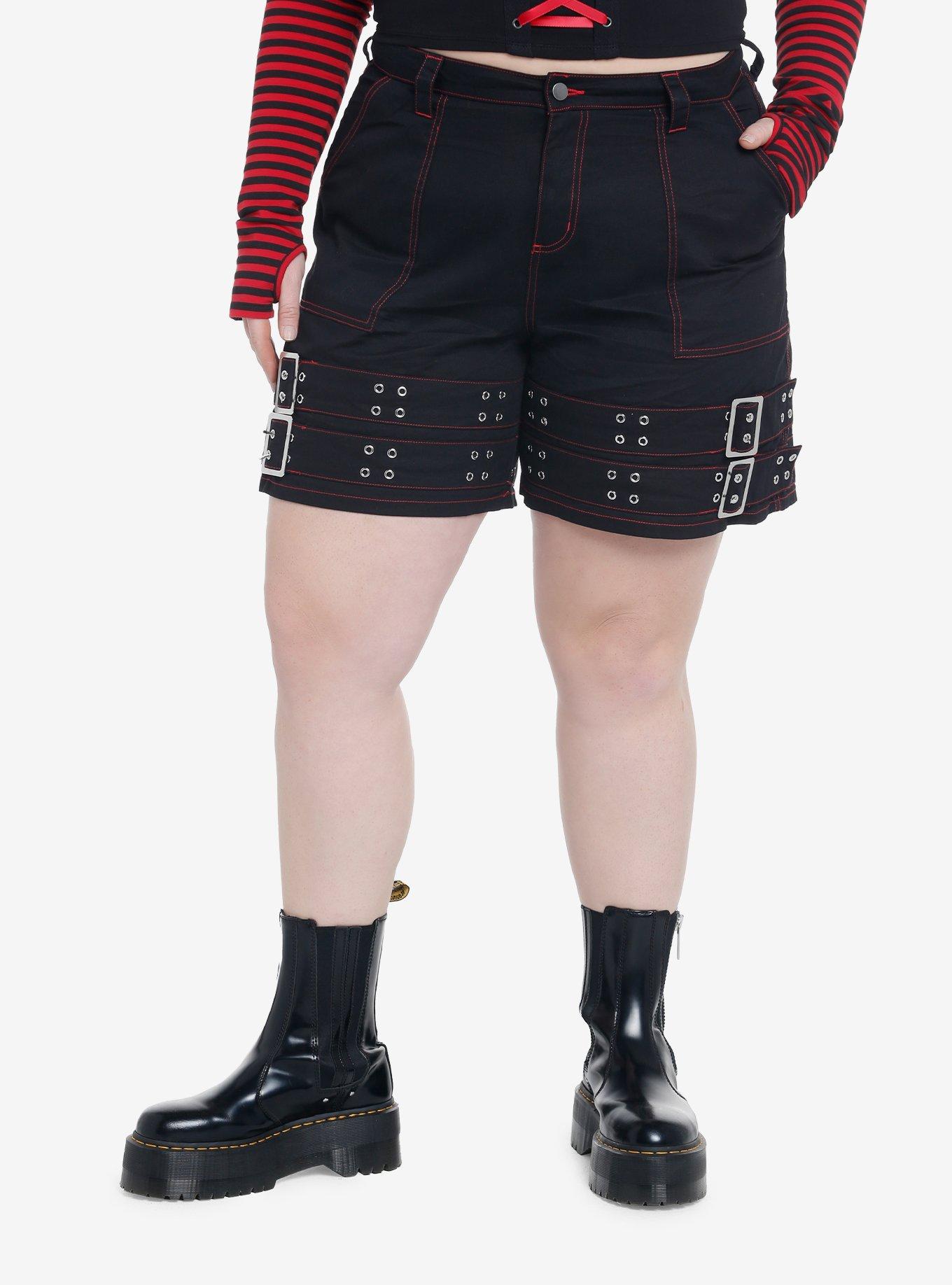 Black Double Belt Carpenter Shorts Plus Size, BLACK  RED, hi-res