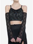 Thorn & Fable Green & Black Lace Cold Shoulder Girls Crop Top, GREEN, hi-res