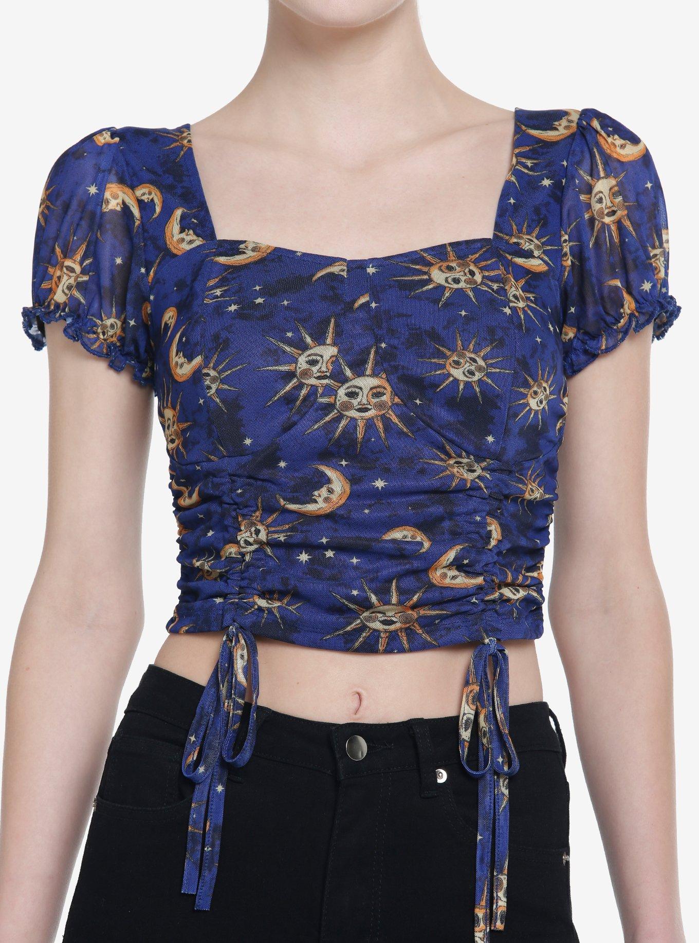 Cosmic Aura Sun & Moon Ruched Girls Crop Top, CELESTIAL BLUE, hi-res