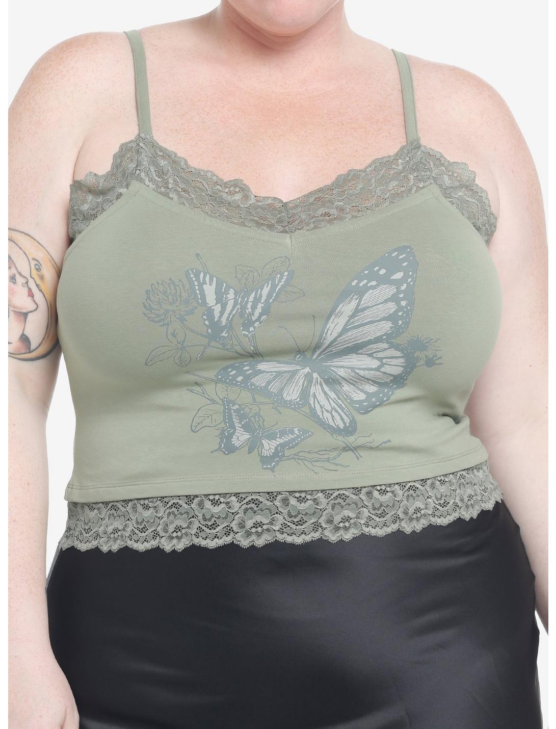 Thorn & Fable Green Butterfly Lace Crop Girls Tank Top Plus Size, FOREST GREEN, hi-res