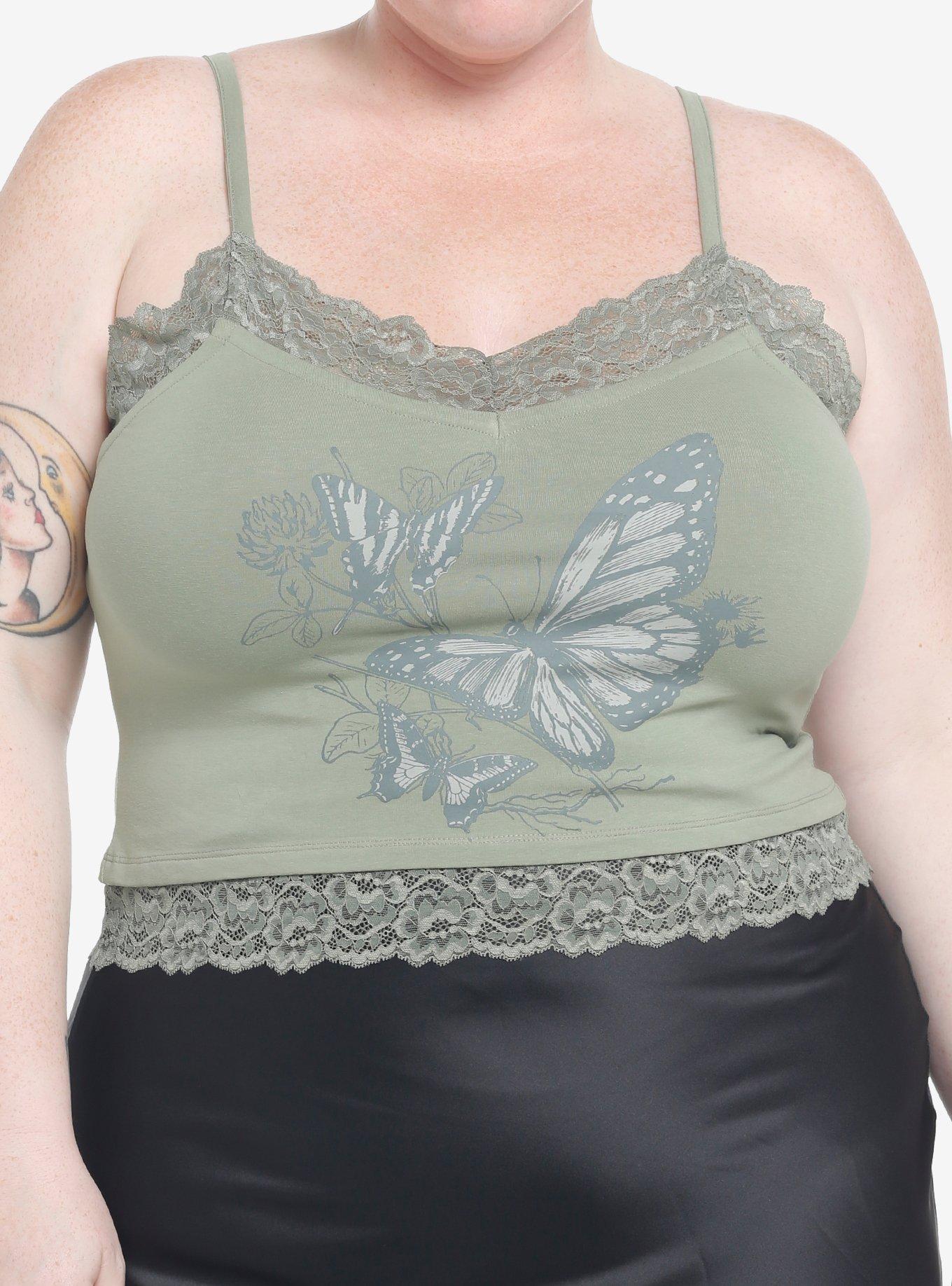 Thorn & Fable Green Butterfly Lace Crop Girls Tank Top Plus Size, FOREST GREEN, hi-res