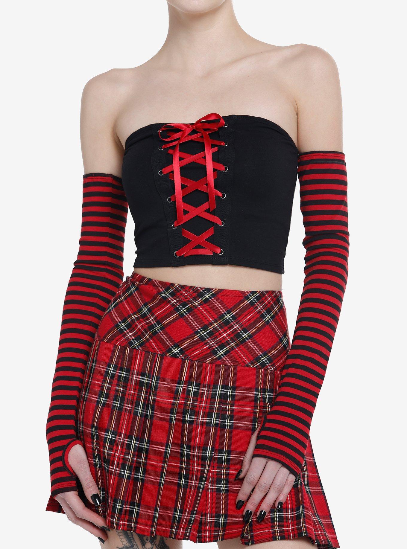 Red & Black Tube Top With Stripe Arm Warmers, STRIPE - RED, hi-res