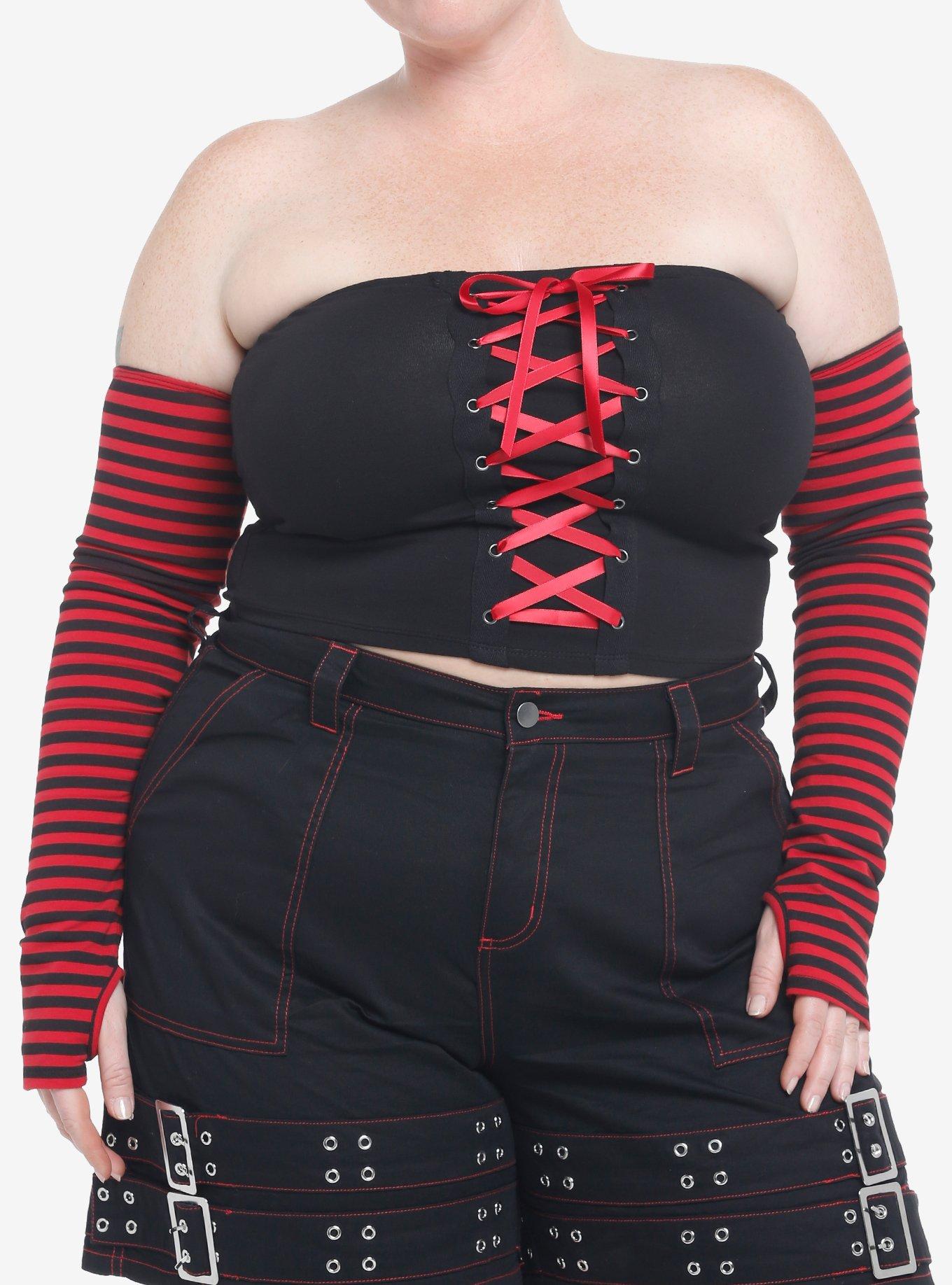 Red & Black Tube Stripe Arm Warmers Plus Size | Topic