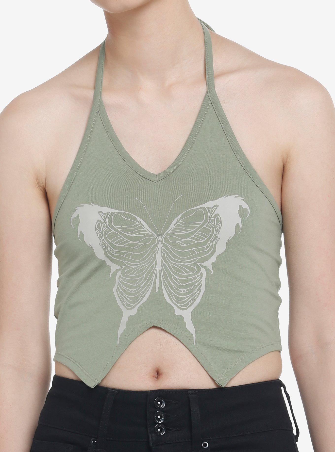 Thorn & Fable Death Butterfly V-Hem Crop Girls Halter Tank Top, FOREST GREEN, hi-res