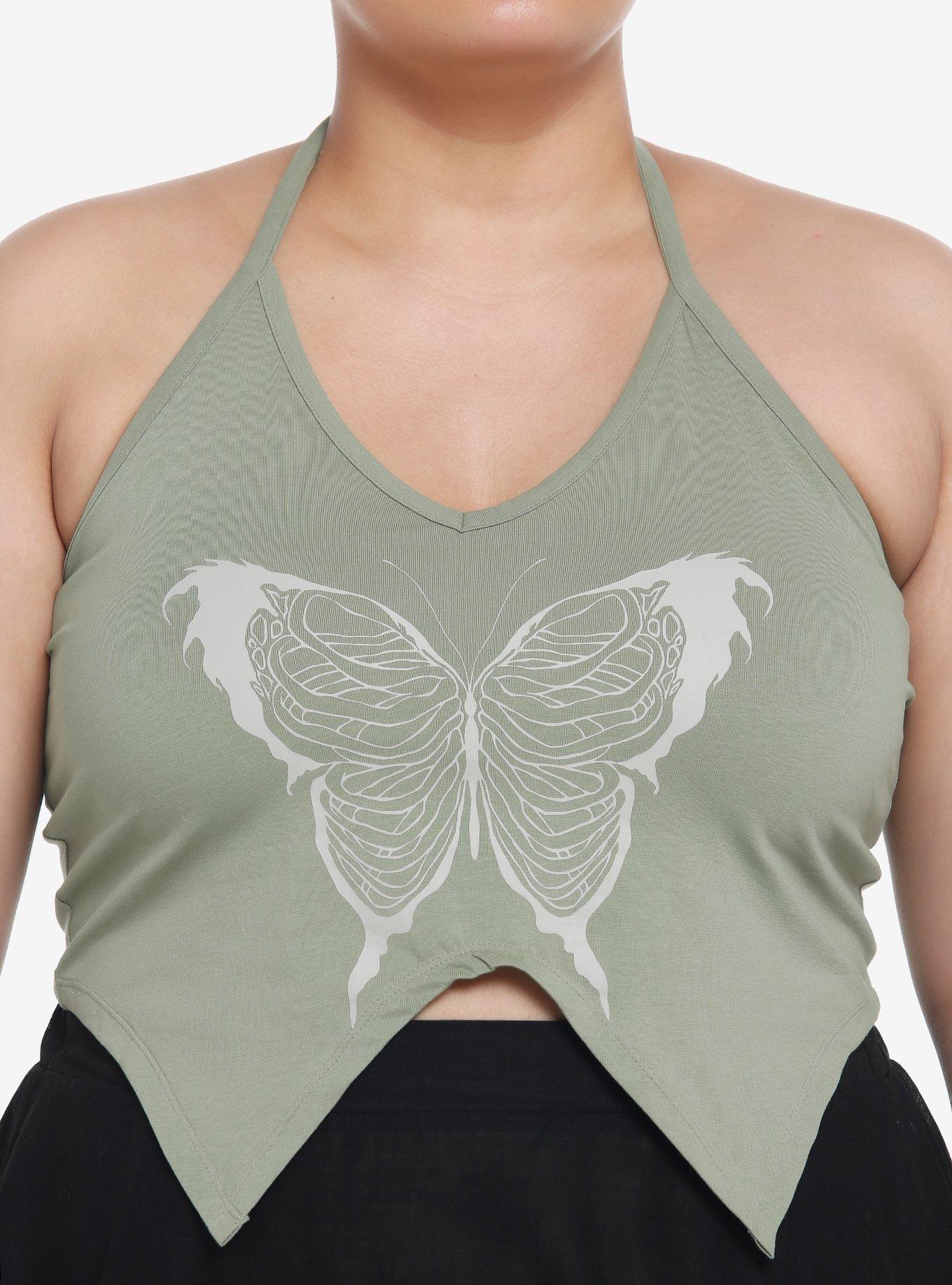 Thorn & Fable Death Butterfly V-Hem Girls Crop Halter Tank Top Plus Size, FOREST GREEN, hi-res