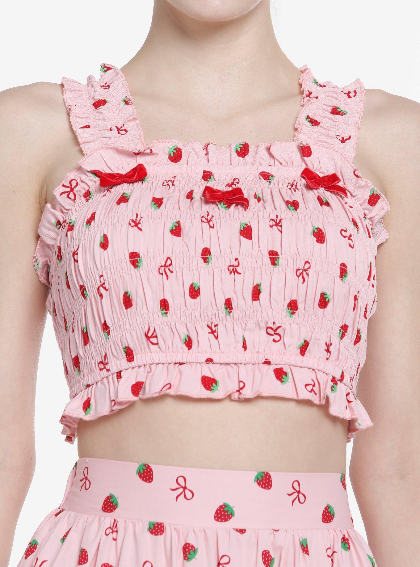 Pink Strawberry Smocked Girls Crop Tank Top, PINK, hi-res
