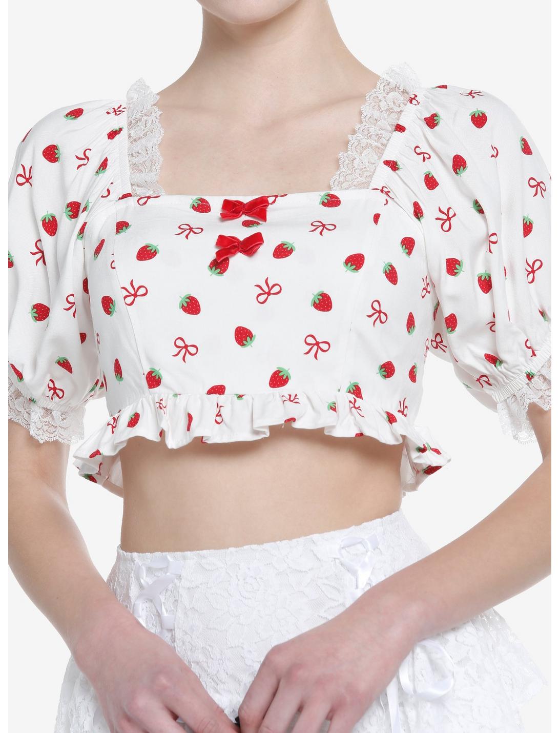Strawberries & Bows Crop Girls Woven Top, WHITE, hi-res