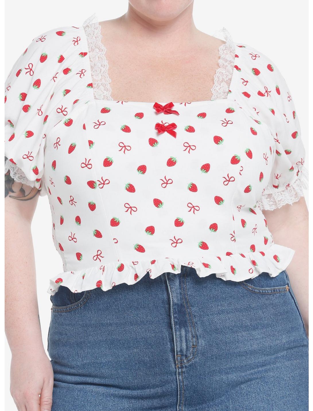 Strawberries & Bows Crop Girls Woven Top Plus Size, WHITE, hi-res