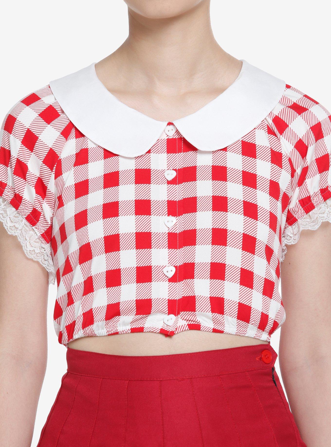 Sweet Society Red Gingham Girls Crop Woven Button-Up, GINGHAM PLAID, hi-res