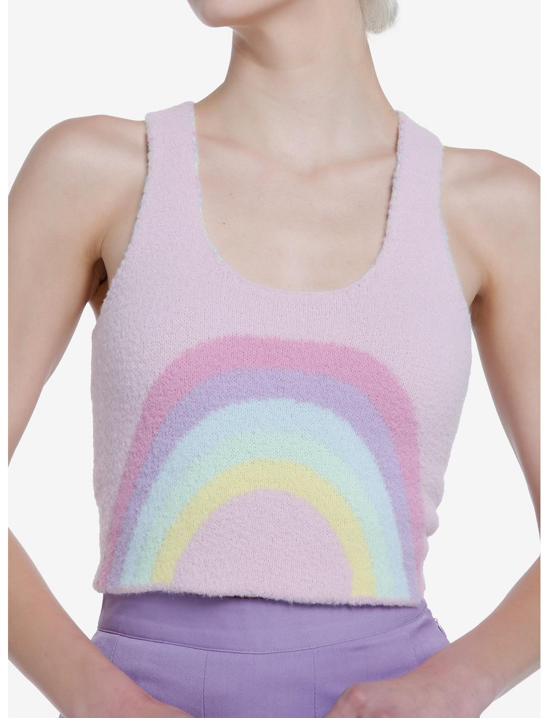 Sweet Society Pastel Rainbow Fuzzy Knit Crop Girls Tank Top, PINK, hi-res
