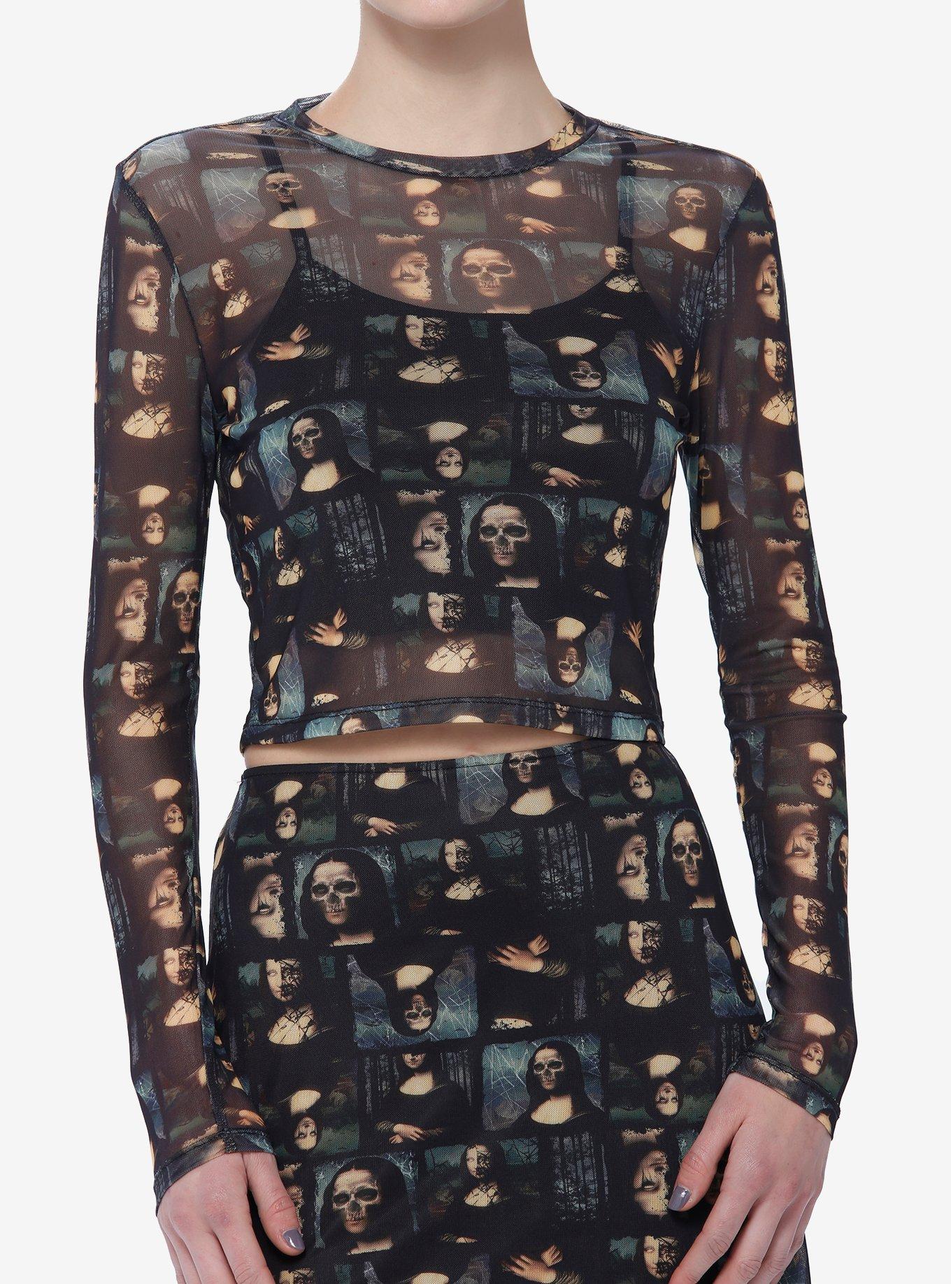 Social Collision Zombie Mona Lisa Mesh Twofer Girls Top, BLACK, hi-res