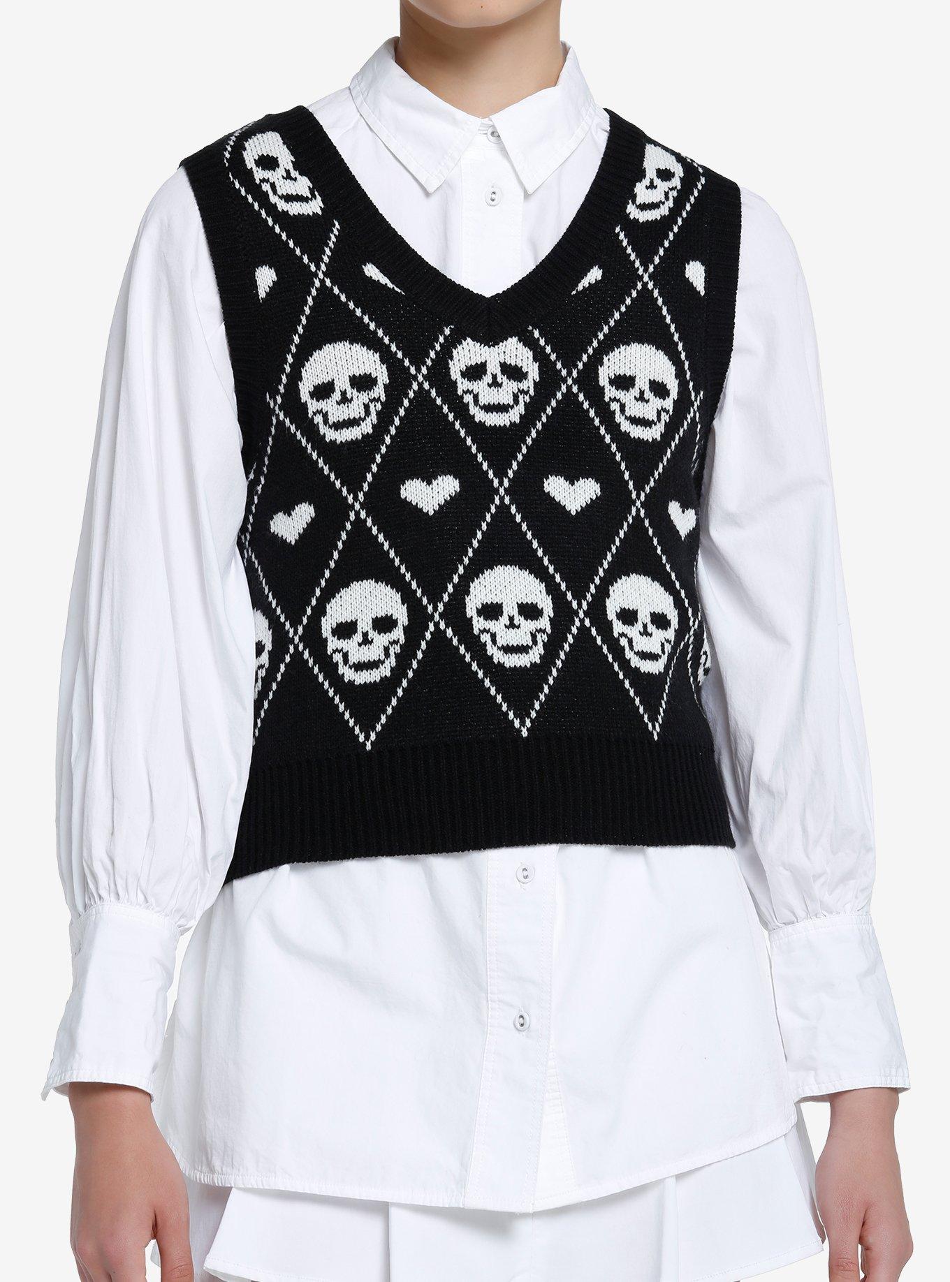 Social Collision Skull Heart Knit Girls Sweater Vest, BLACK, hi-res