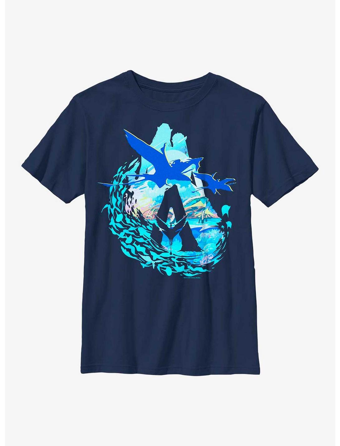 Avatar: The Way Of The Water Scenic Flyby Logo Youth T-Shirt, NAVY, hi-res