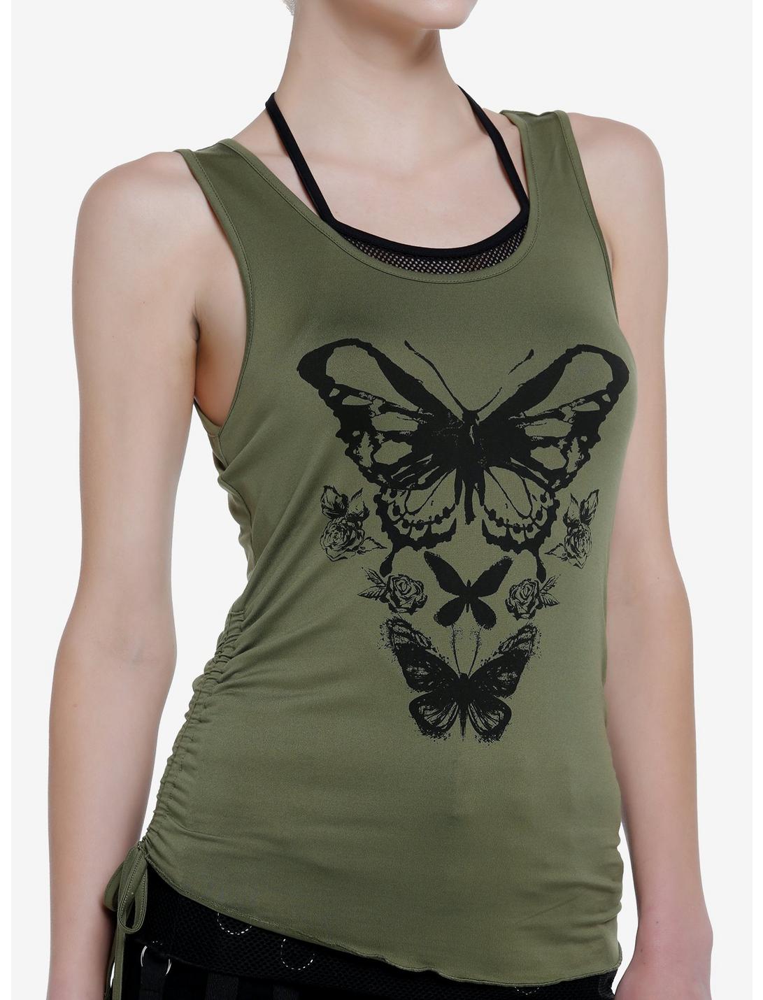 Thorn & Fable Butterfly Mesh Layered Girls Tank Top, FOREST GREEN, hi-res