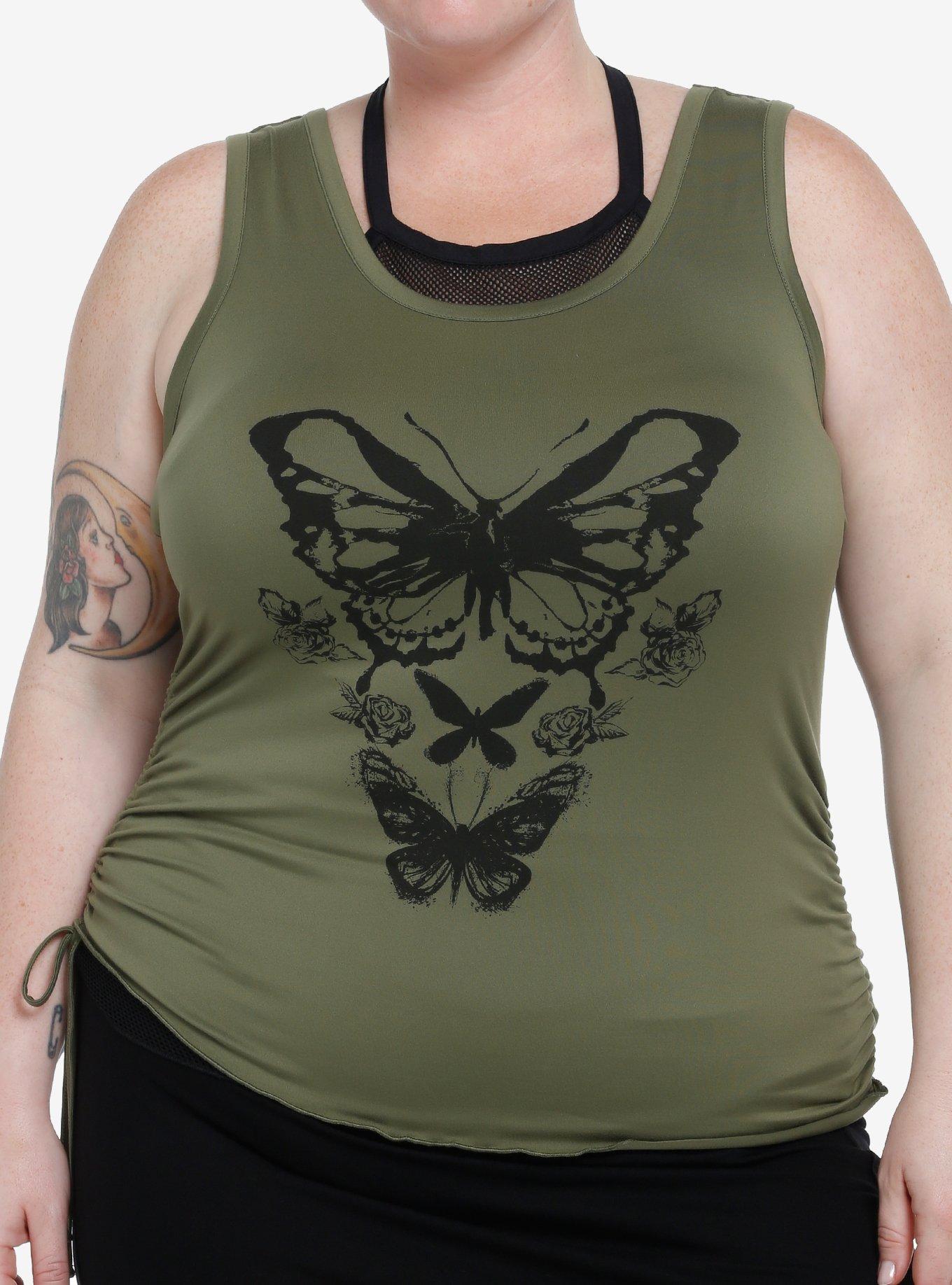 Thorn & Fable Butterfly Mesh Layered Girls Tank Top Plus Size, FOREST GREEN, hi-res