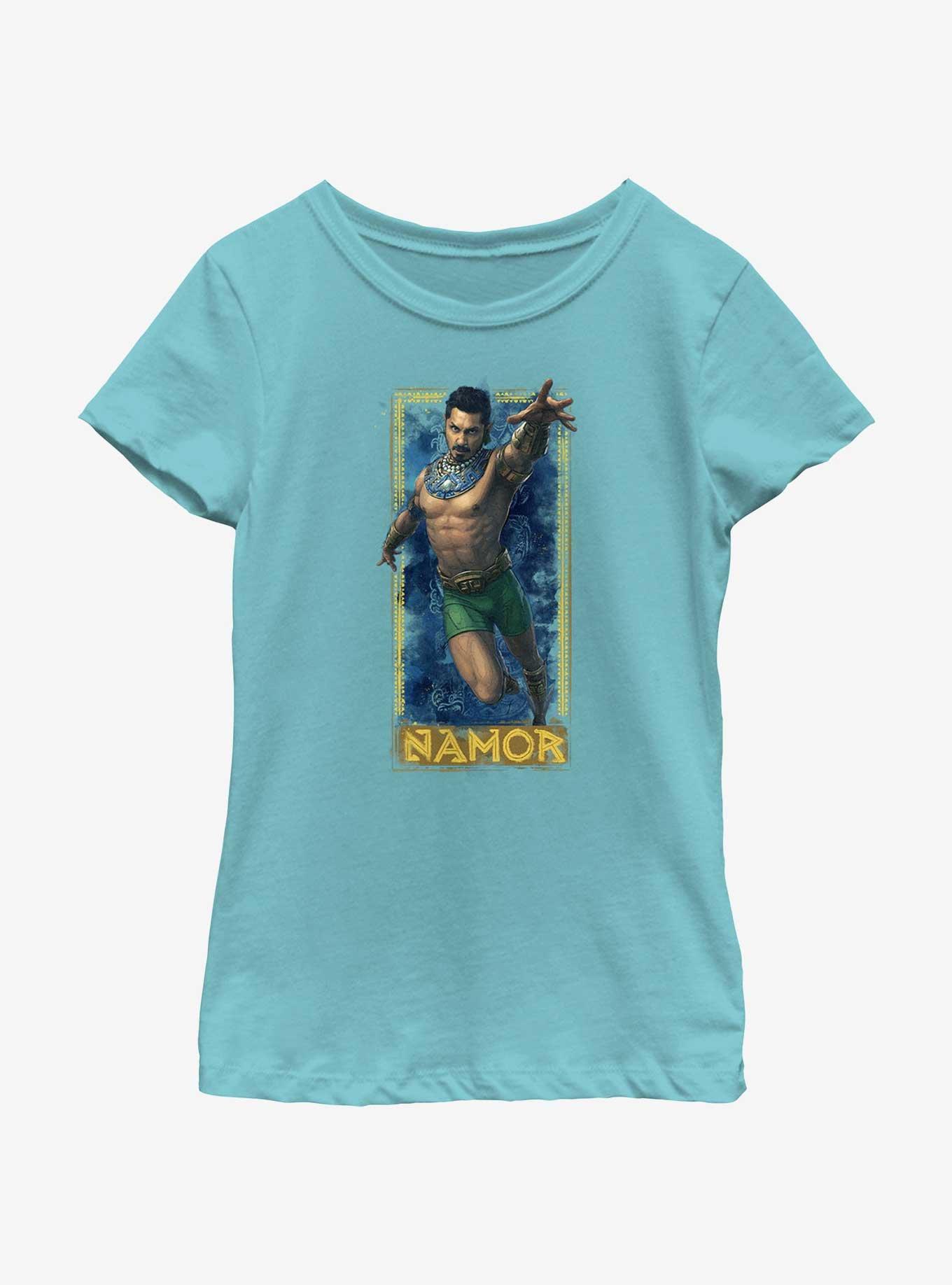 Marvel Black Panther: Wakanda Forever Namor Submariner Badge Youth Girls T-Shirt, TAHI BLUE, hi-res