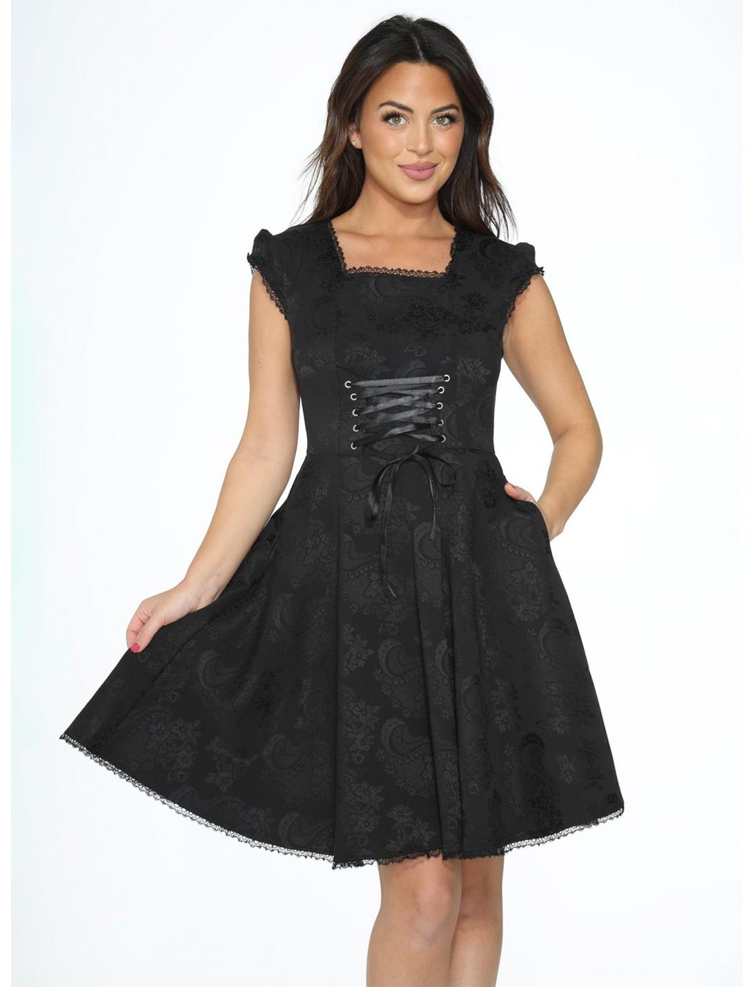 Black Brocade Gothic Corset Dress, BLACK, hi-res