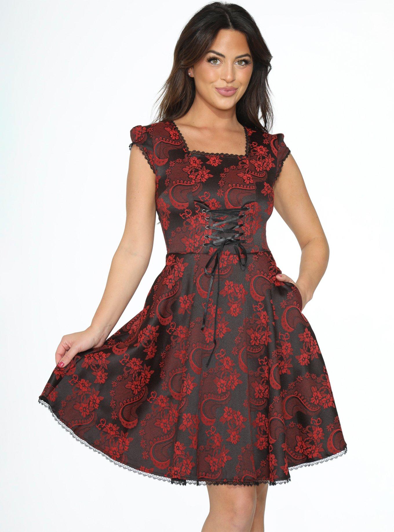 Red Brocade Gothic Dress, RED  BLACK, hi-res