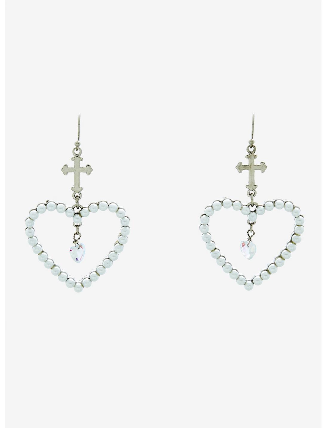 Pearl Heart Cross Drop Earrings, , hi-res
