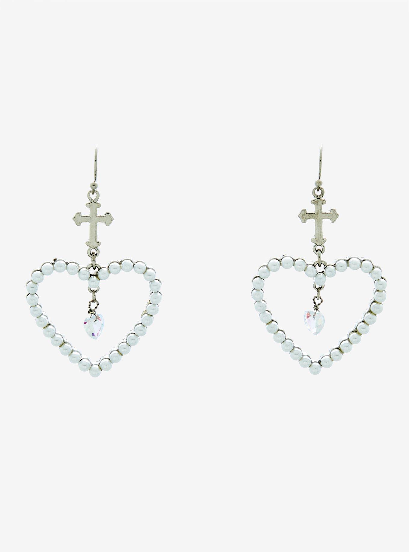 Pearl Heart Cross Drop Earrings, , hi-res