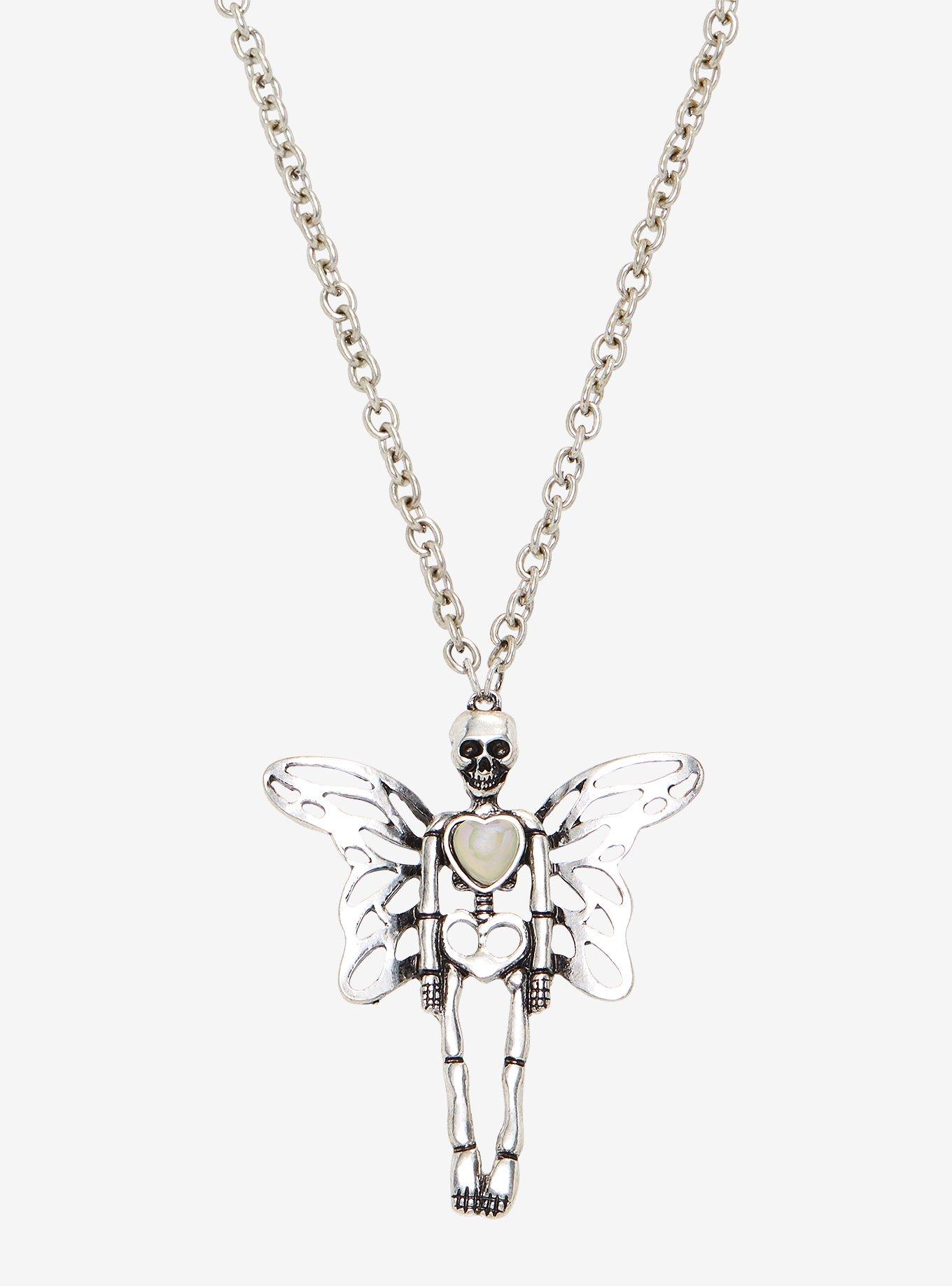 Winged Skeleton Opal Heart Necklace, , hi-res