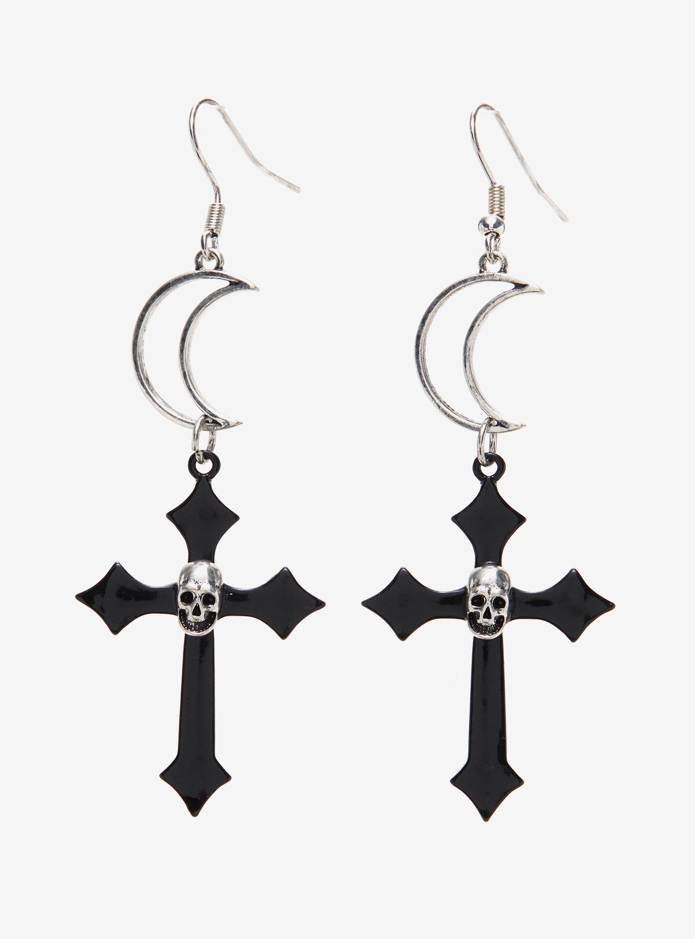 Skull Cross Moon Earrings, , hi-res