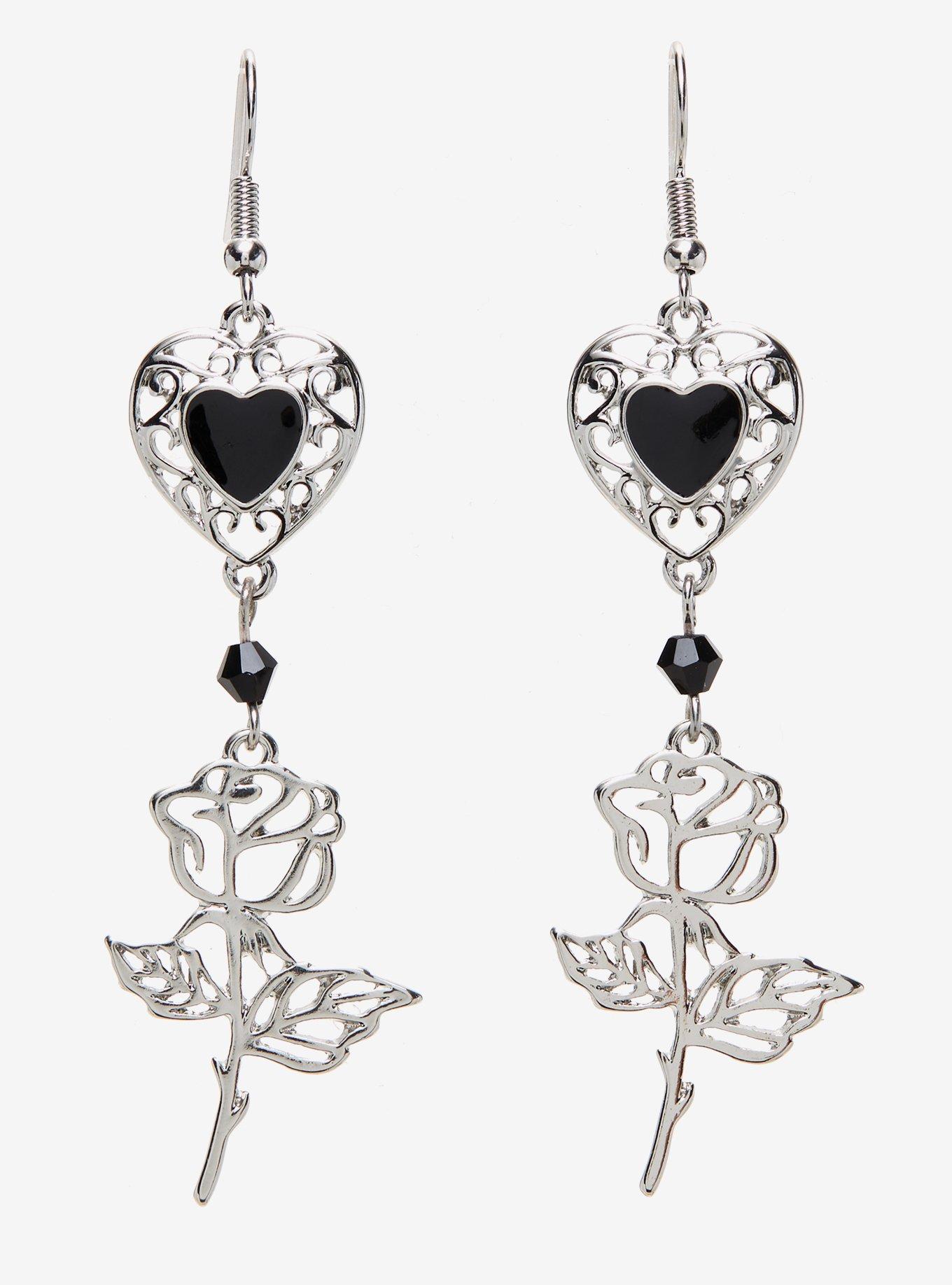 Ornate Heart Rose Earrings, , hi-res