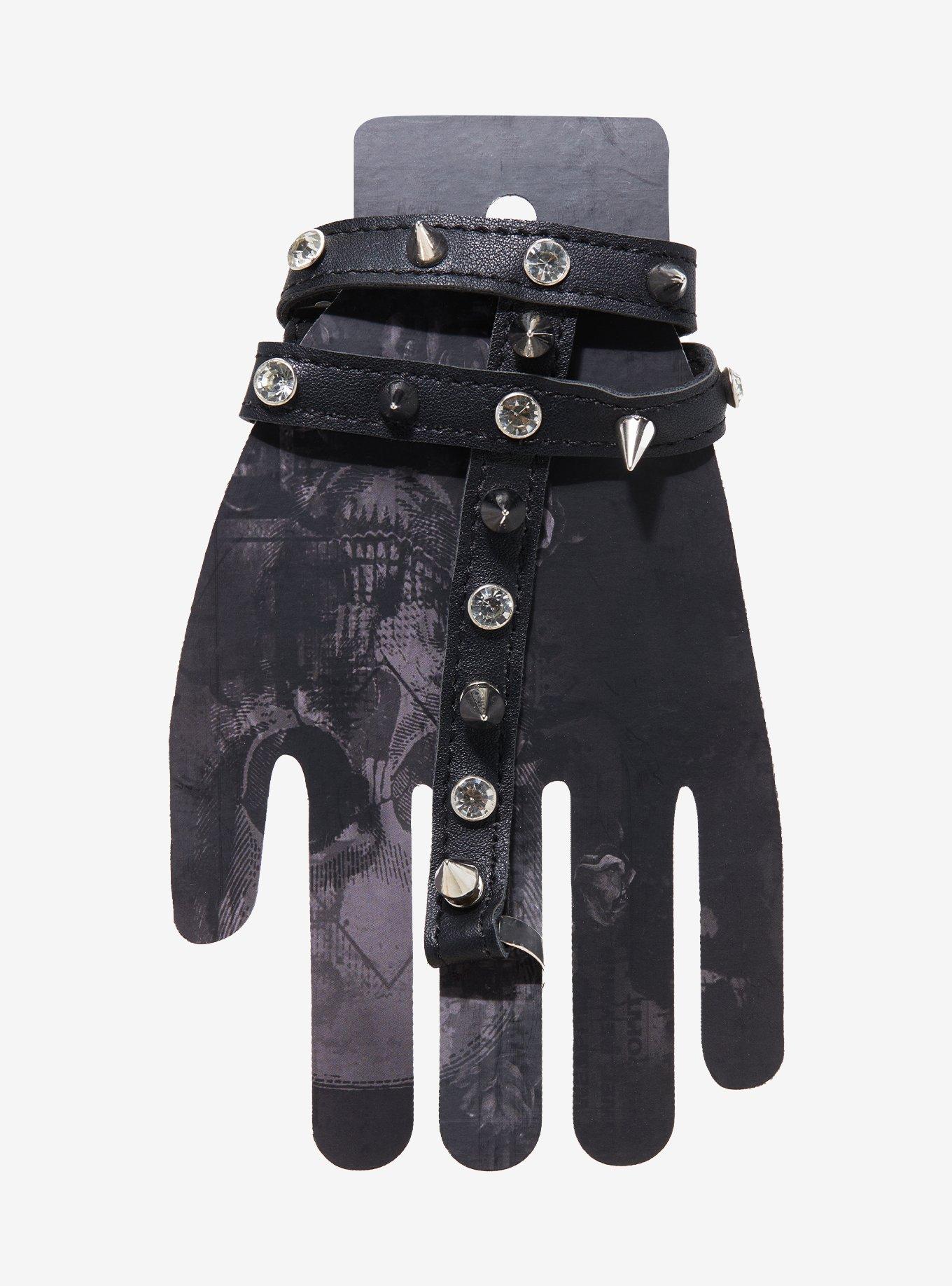 Faux Leather Spike Hand Ring Bracelet, , hi-res