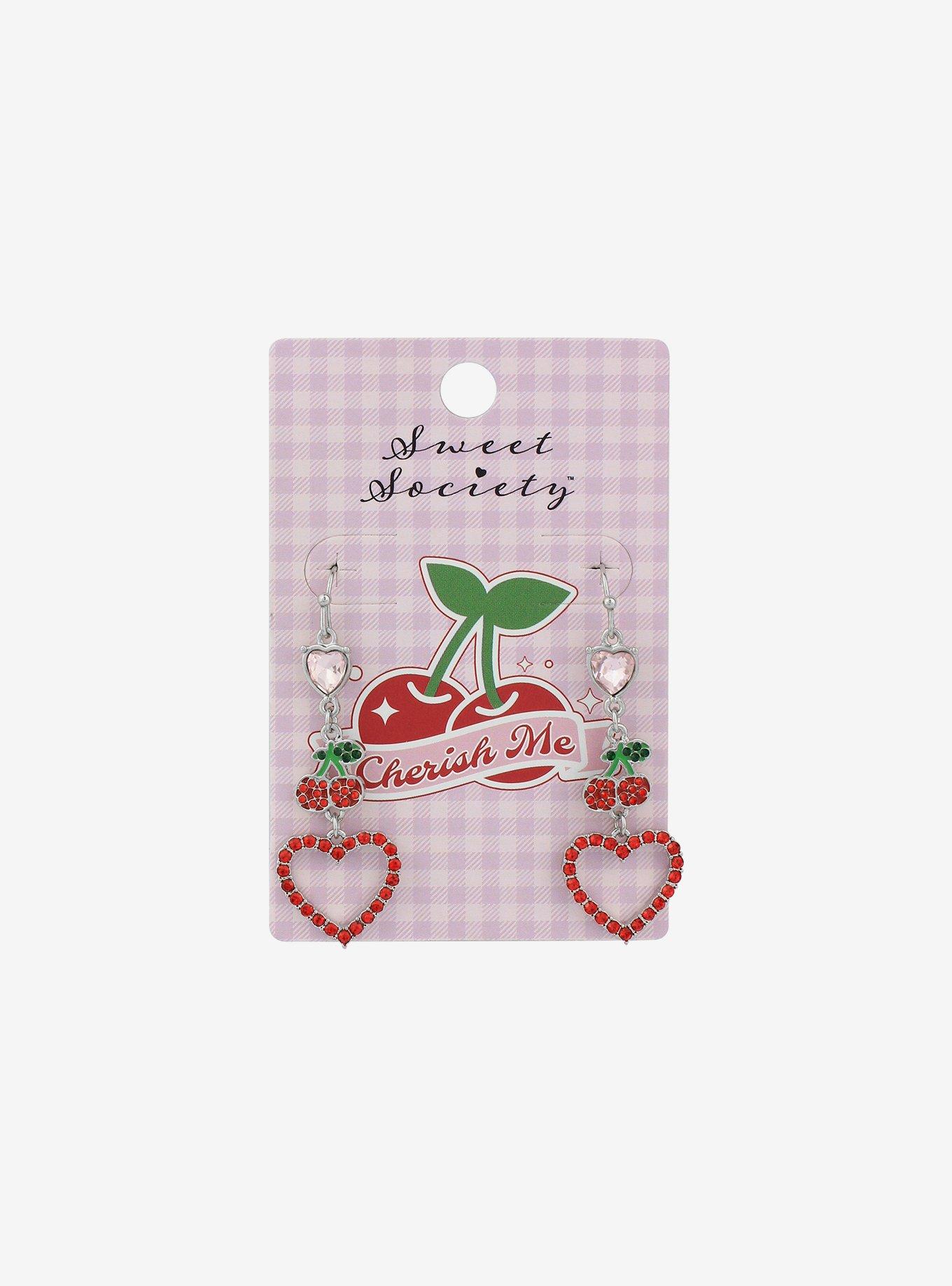 Red Cherry Heart Bling Earrings, , hi-res