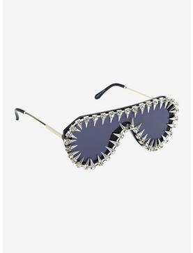 Black Rhinestone Spike Aviator Sunglasses, , hi-res