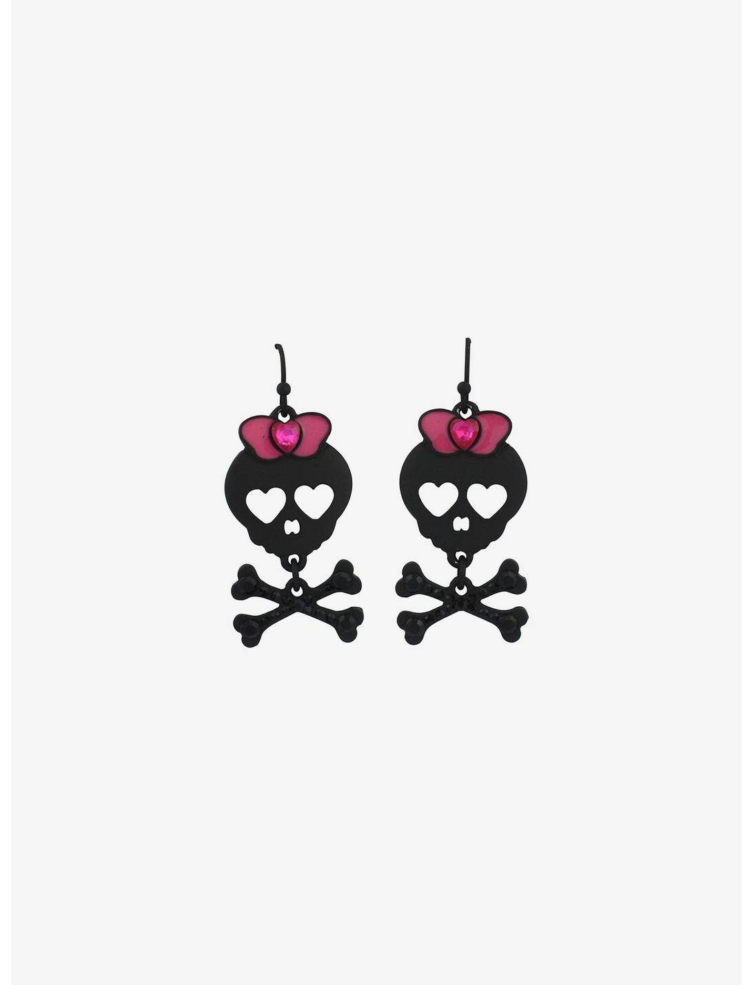 Black & Pink Skull & Crossbones Drop Earrings, , hi-res