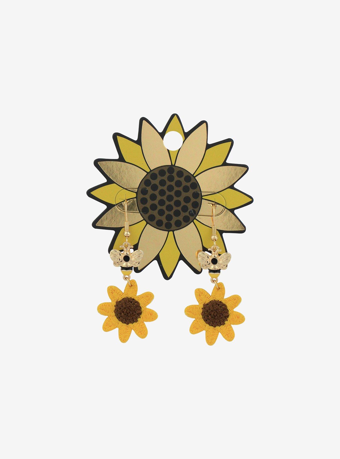 Honey Bee Embroidered Sunflower Drop Earrings, , hi-res