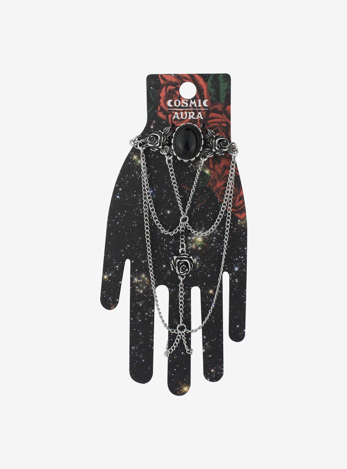 Black Gem Ornate Goth Hand Ring Bracelet, , hi-res