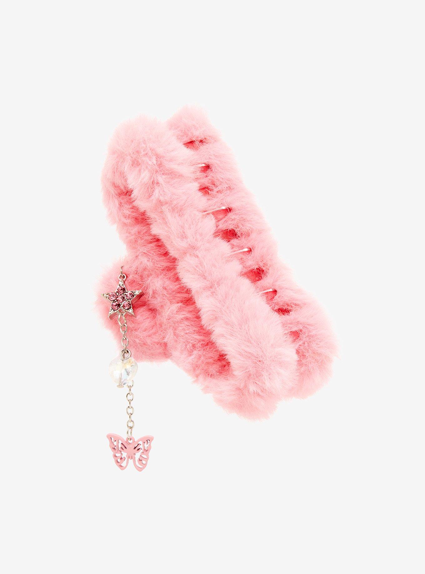 Pink Fuzzy Butterfly Charm Claw Hair Clip, , hi-res