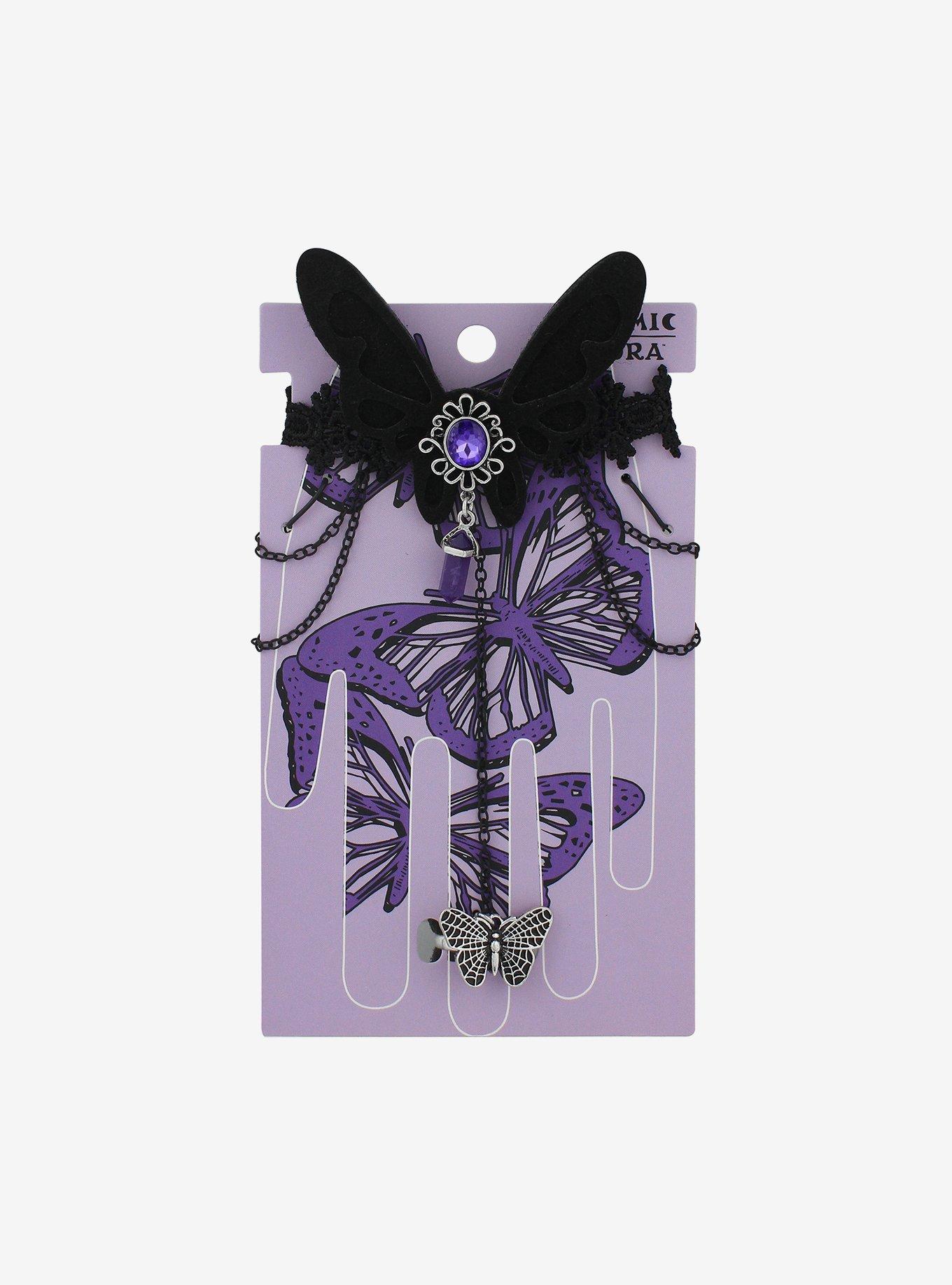 Black Butterfly Crystal Chain Hand Ring Bracelet, , hi-res